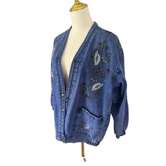 Vintage Embroidered Denim Jean Jacket Boho Chic Whimsical Artisnal Streetwear - Picture 3 of 15
